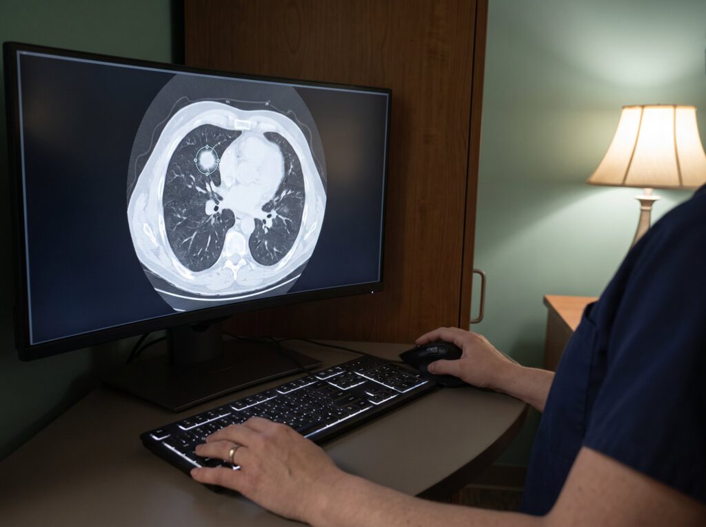 Chest CT scan on a computer screen