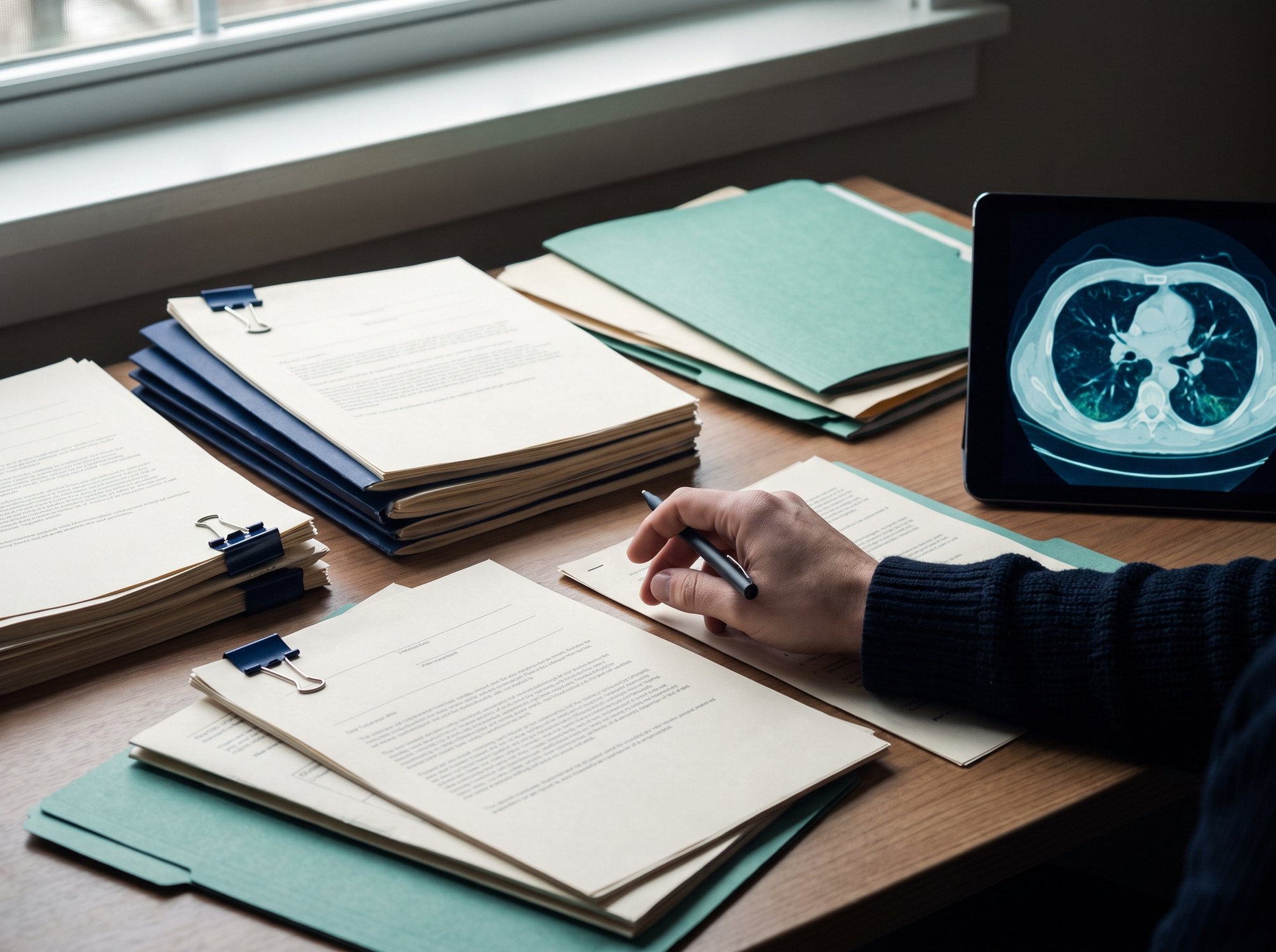 Hands reviewing medical reports beside a chest scan