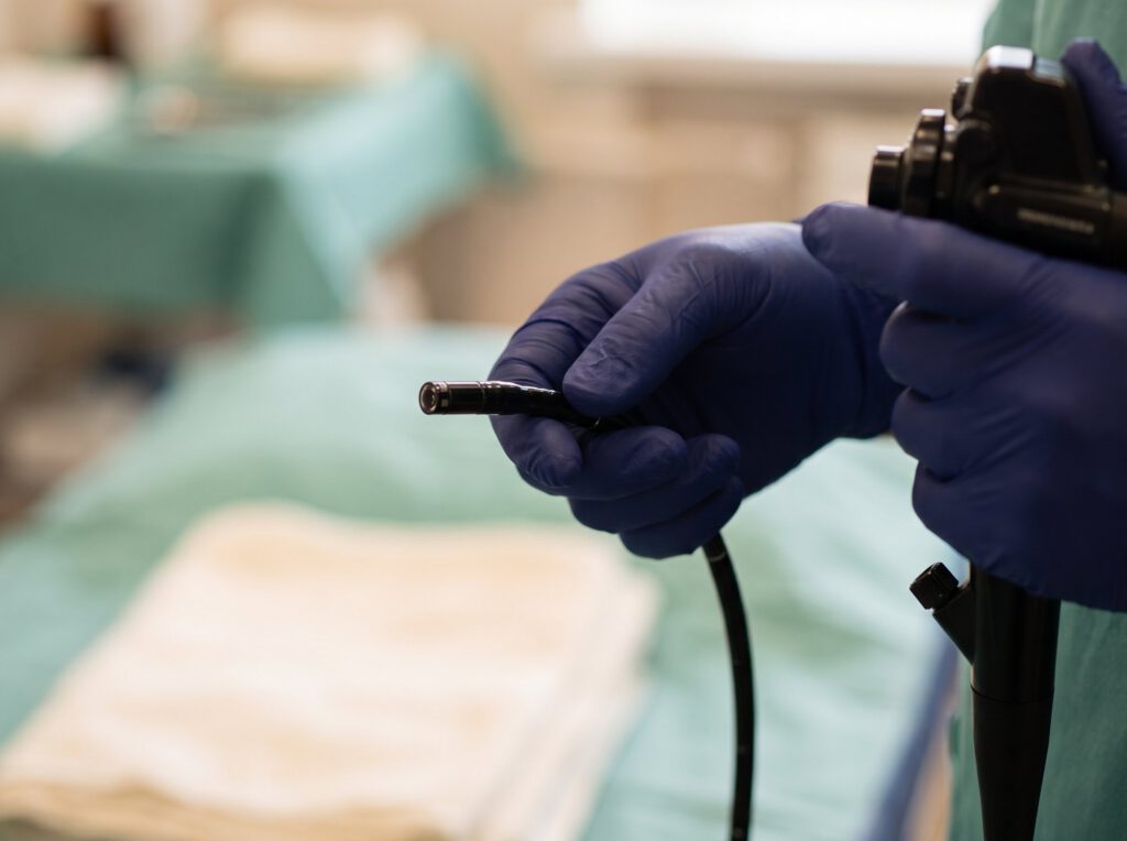 Gloved hands holding a bronchoscope