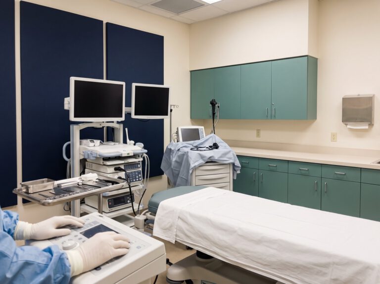 Endoscopy suite with monitors and a patient bed