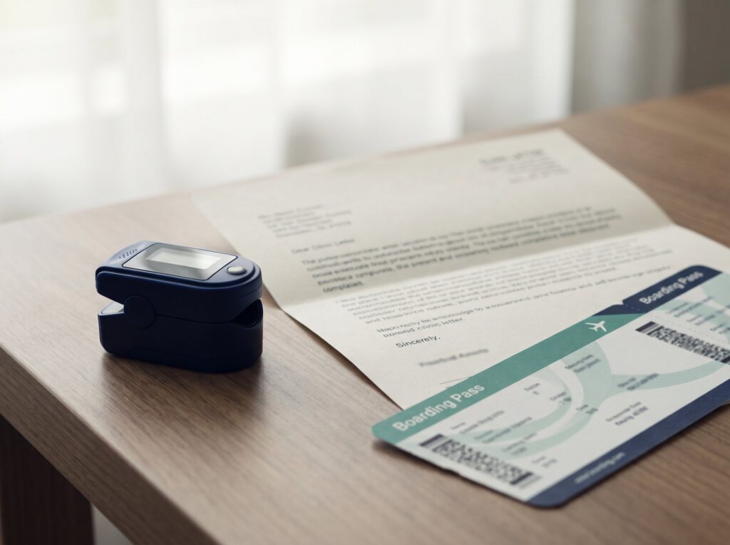 Pulse oximeter, letter and boarding pass on a desk
