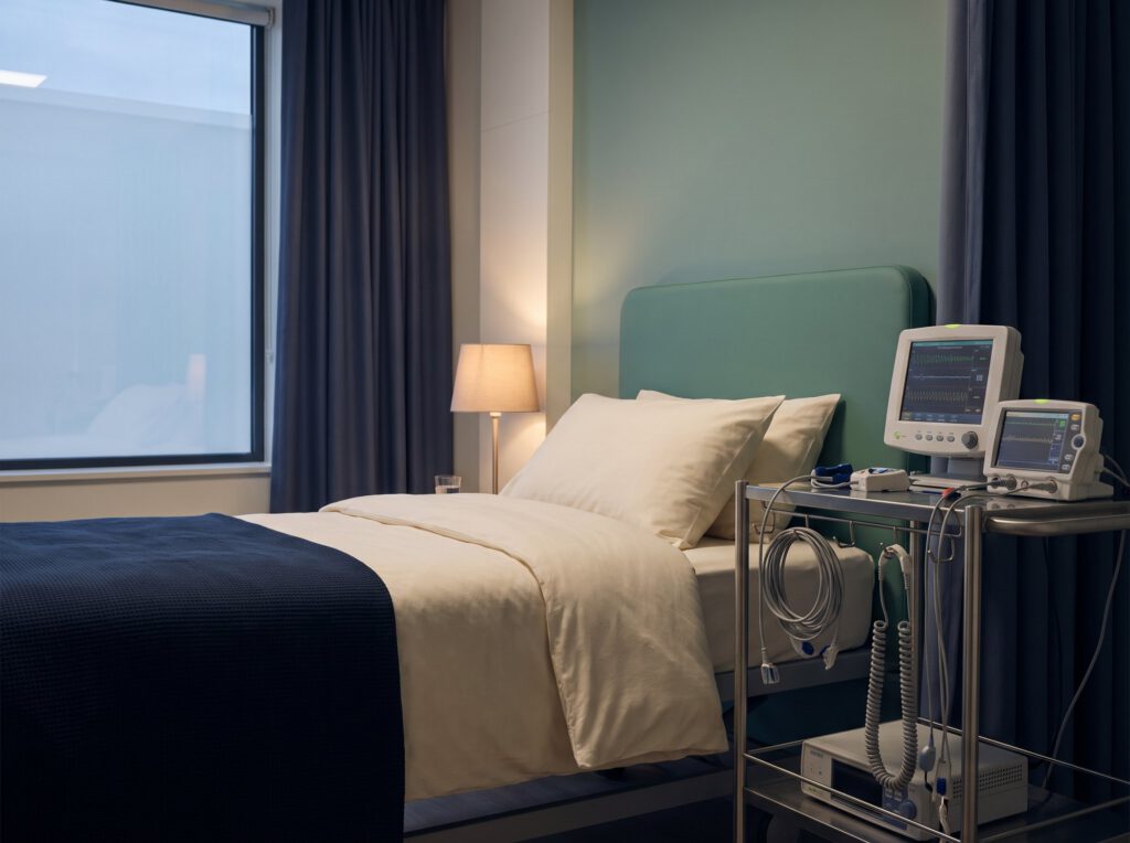 Sleep study room with a bed and monitoring equipment